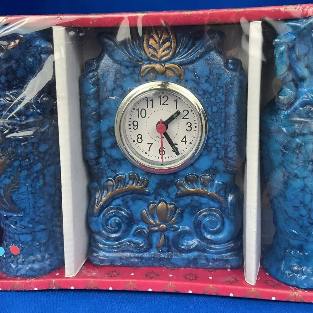 Vintage Blue Faux Marble Quartz Mantel Clock Matching Vases 3pc Gift Set New